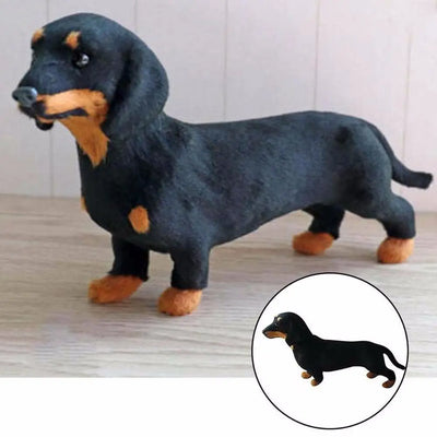 Plush toy dachshund on a wooden floor with a close-up inset.