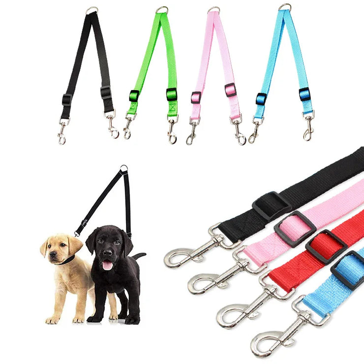 dual leash coupler with two puppies on a white background